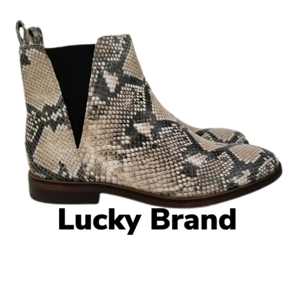 Lucky Brand Shoes - Lucky Brand Haylia Sz 8 Snake Print Leather Double Gore Pull On Cute Ankle Boots